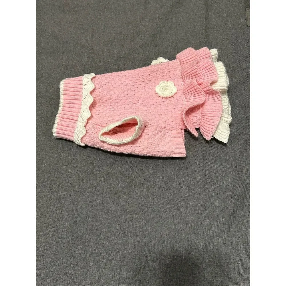 Joytale Pink Cream Knit Dog Sweater Dress Medium Ruffle Floral Pet Outfit